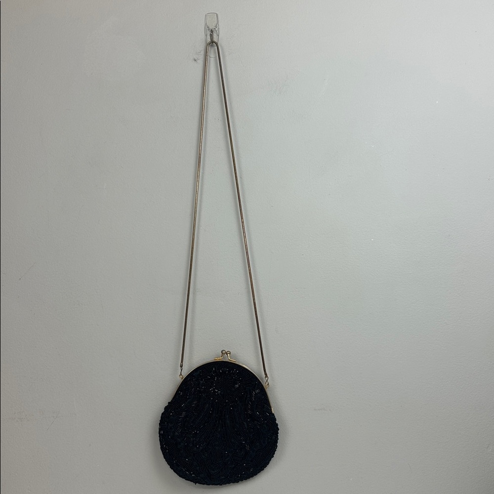 Vintage Black Silk Beaded Kiss Lock Clutch Purse - Picture 6 of 12